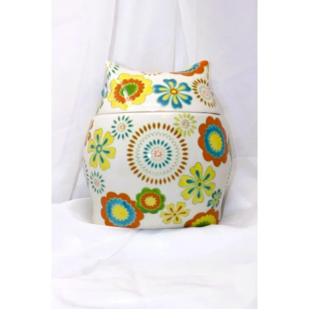 D/C'd Pier 1 Imports Owl Cookie Jar Hand Painted Stoneware 9.5